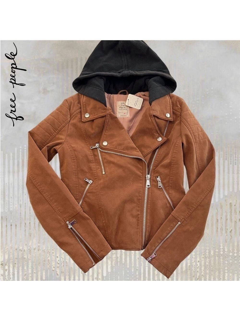 FREE PEOPLE NWT Harriett Moto-Style Brown Vegan Suede, Black Hood Jacket/Md - Picture 11 of 16